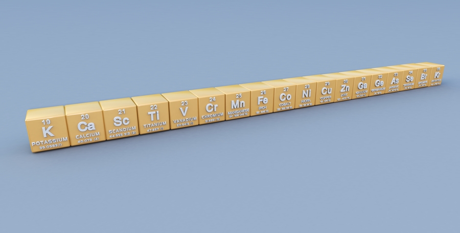 Fourth period in the periodic table containing potassium, calcium and copper